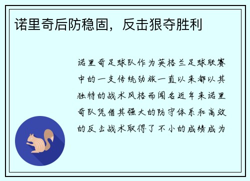 诺里奇后防稳固，反击狠夺胜利