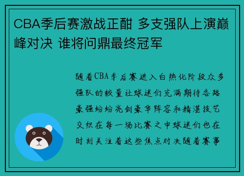 CBA季后赛激战正酣 多支强队上演巅峰对决 谁将问鼎最终冠军