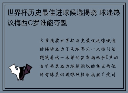 世界杯历史最佳进球候选揭晓 球迷热议梅西C罗谁能夺魁