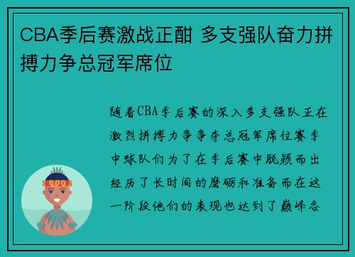 CBA季后赛激战正酣 多支强队奋力拼搏力争总冠军席位