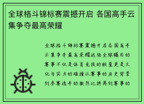 全球格斗锦标赛震撼开启 各国高手云集争夺最高荣耀