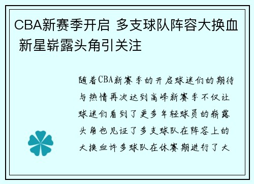 CBA新赛季开启 多支球队阵容大换血 新星崭露头角引关注